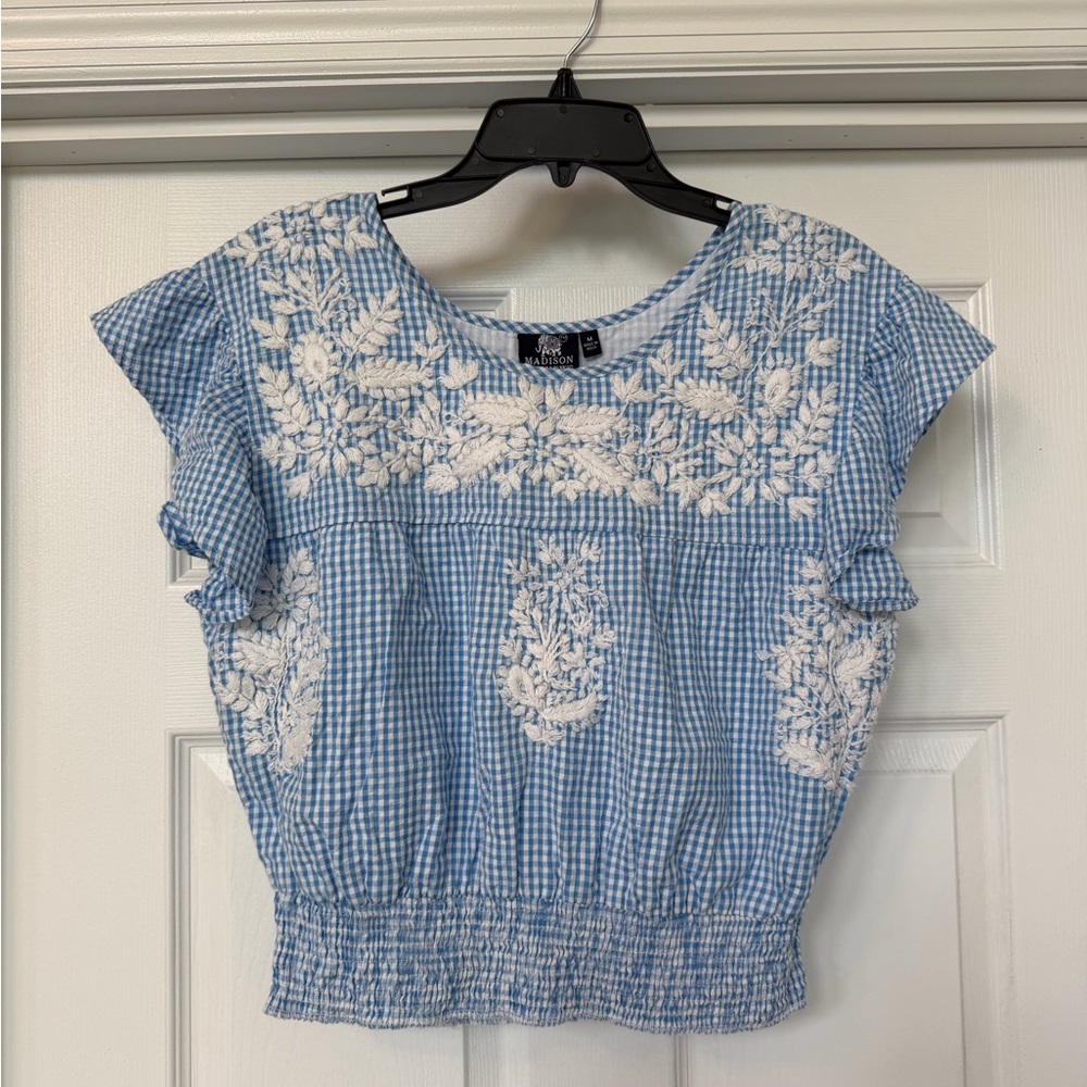 Embroidered Blue and White Floral Top